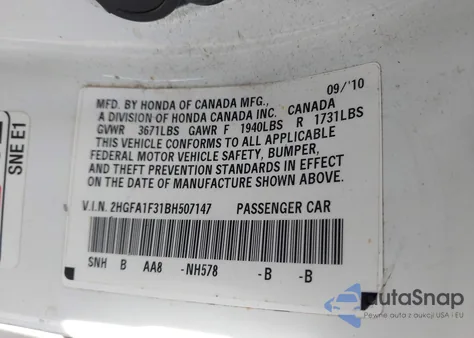 2011 Honda Civic Vp z USA, uszkodzony, nr VIN 2HGFA1F31BH507147